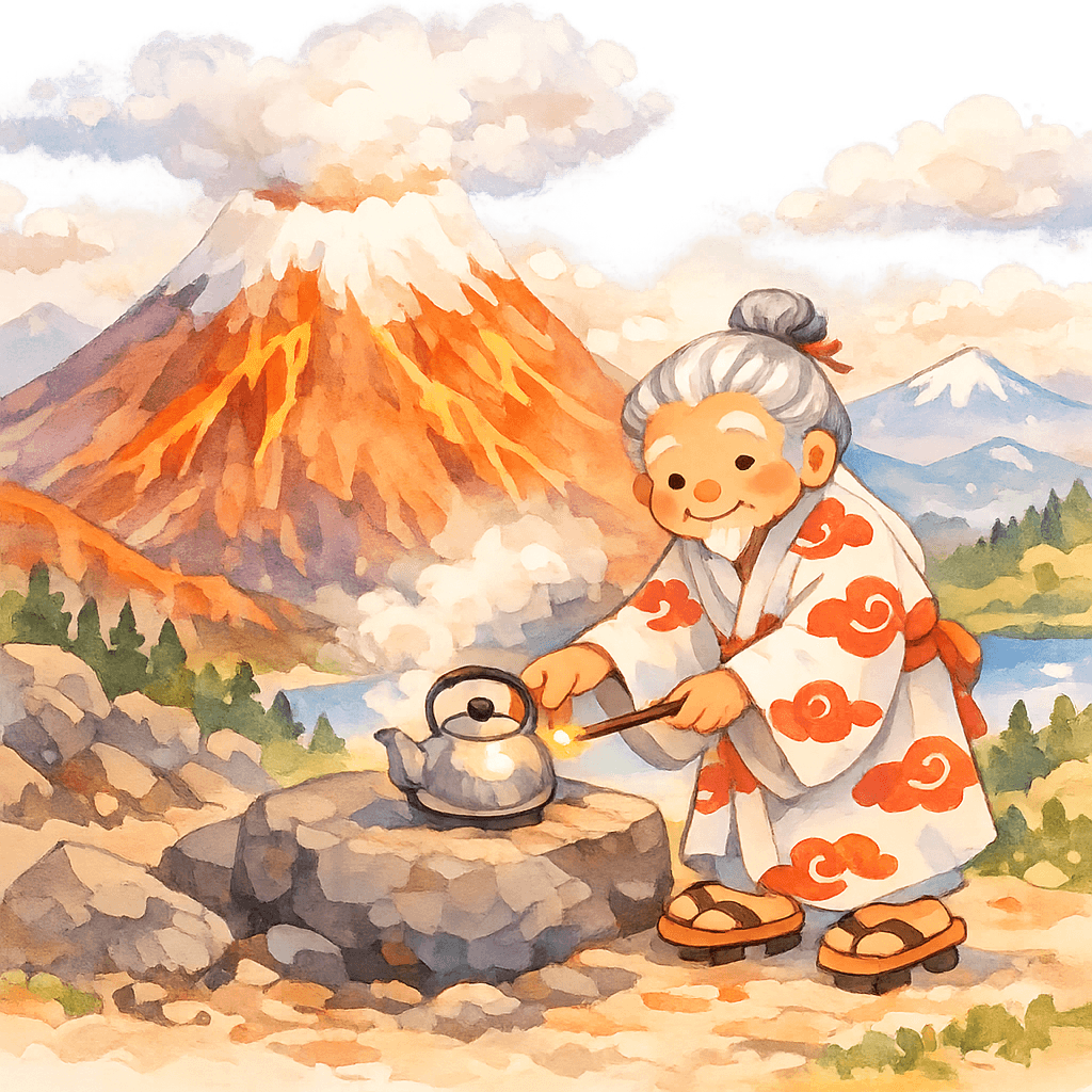 Волшебник Фудзи-сан с чайником на вершине огненной горы