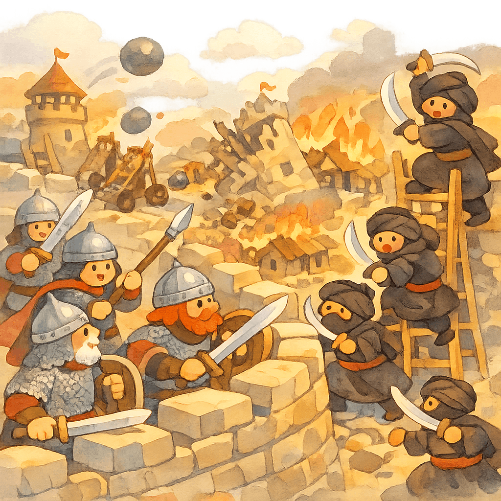 Сражение на крепостной стене, защитники отбивают врага, горящий город