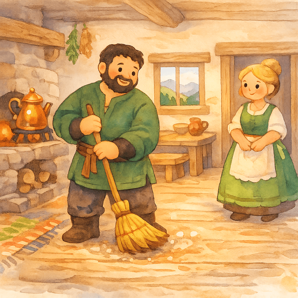 Хозяин и хозяйка в уютной усадьбе на фоне гор