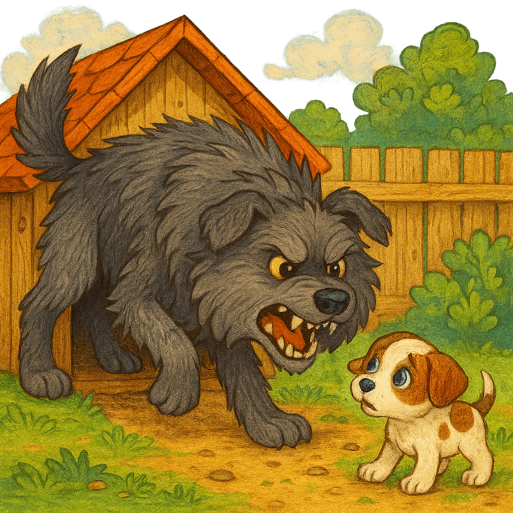 Лохматый Пёс рычит на маленького Щенка у будки.