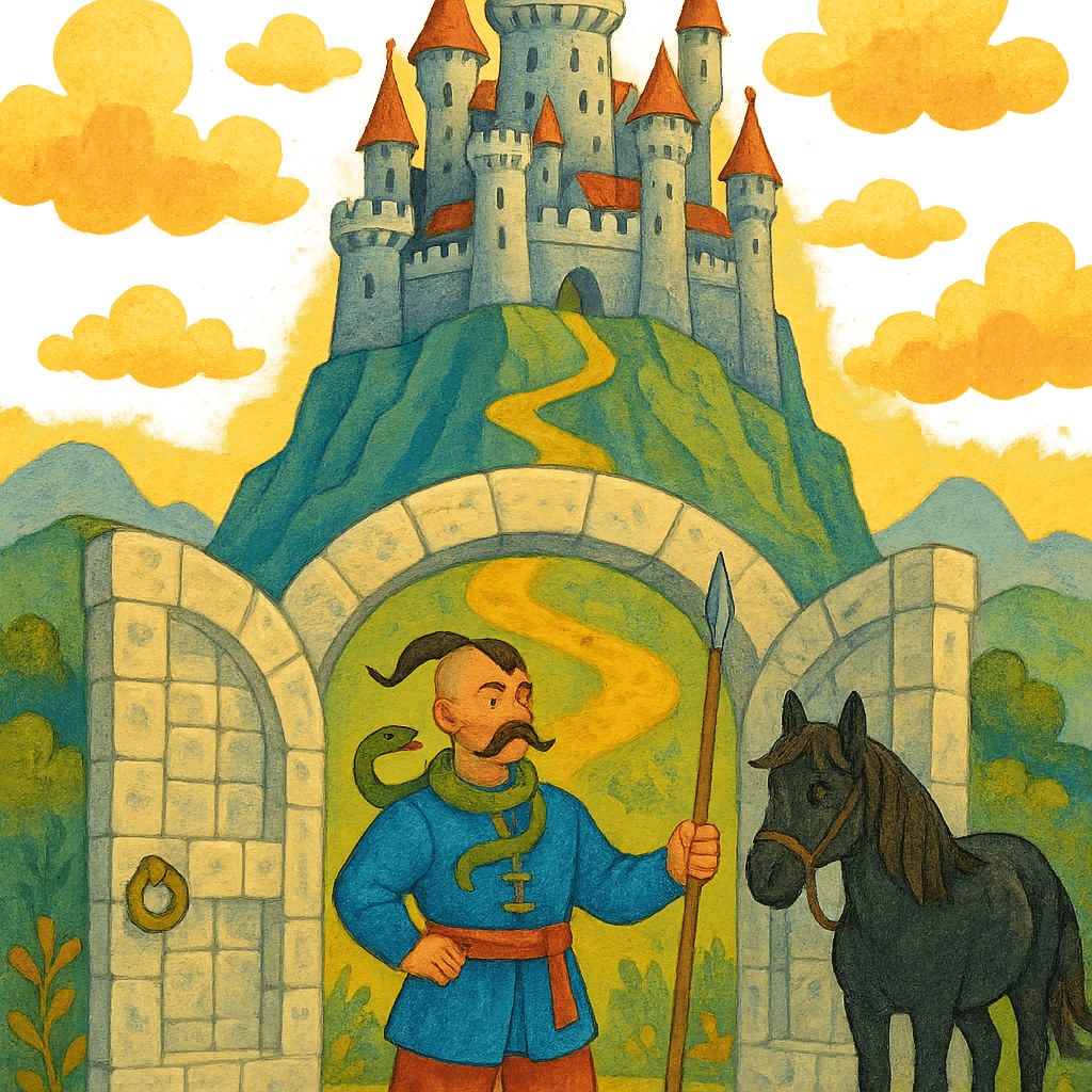Казак у ворот оловянного замка на горе, с змеёй на шее.