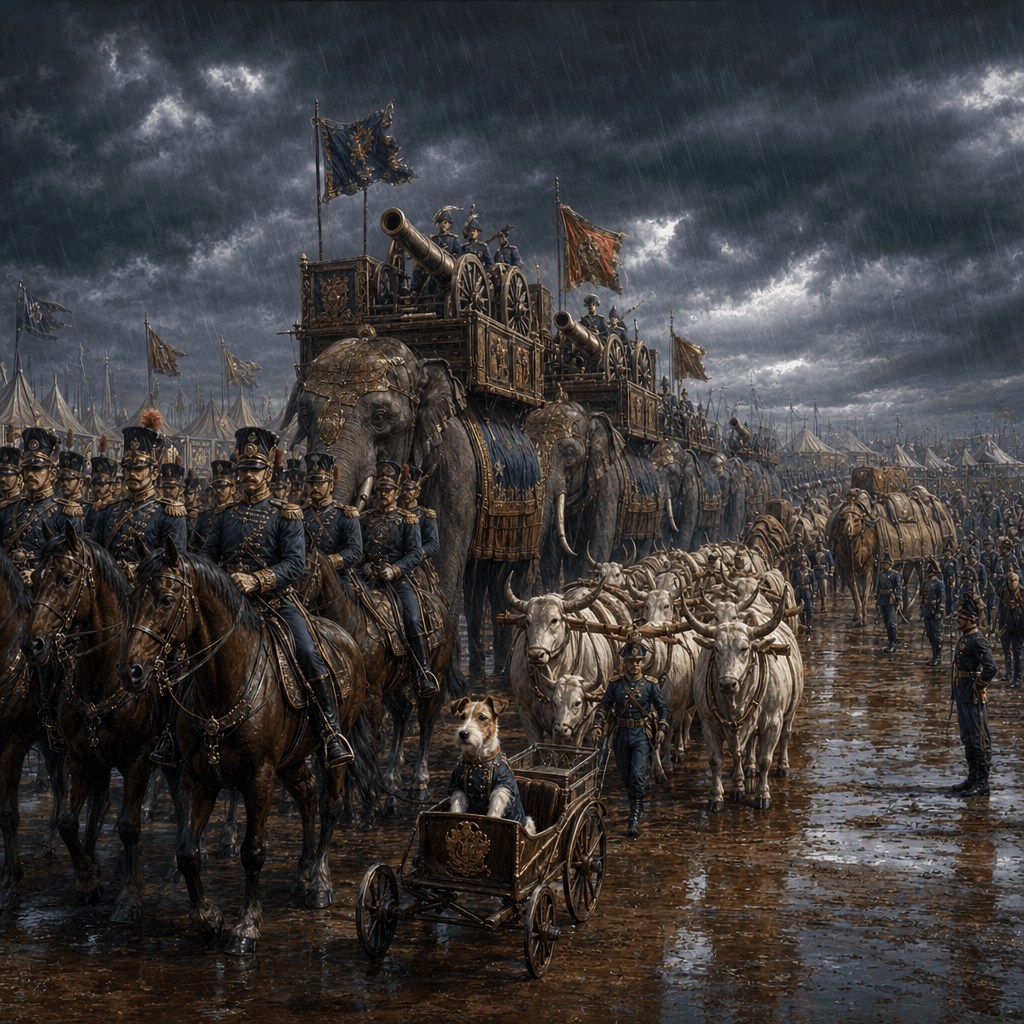 Большой армейский парад: солдаты, лошади, слоны, волы, мулы, верблюды, а Виксон едет в шарабане.