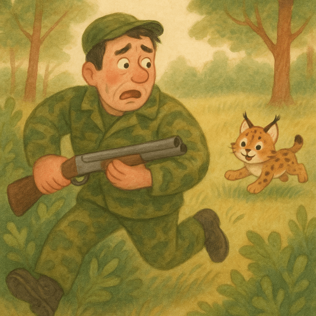 Охотник убегает от рысенка 