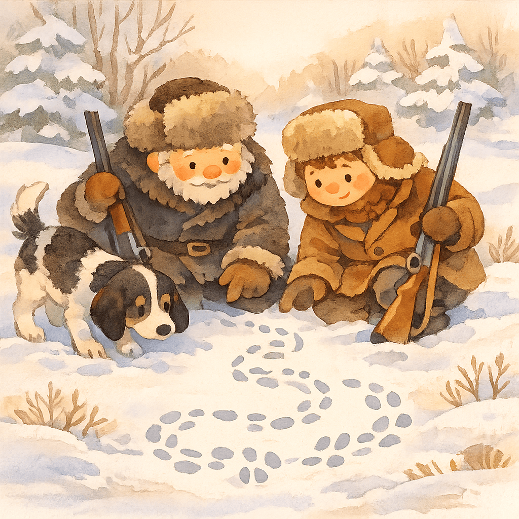 Охотники с собакой пытаются понять заячий след в снегу