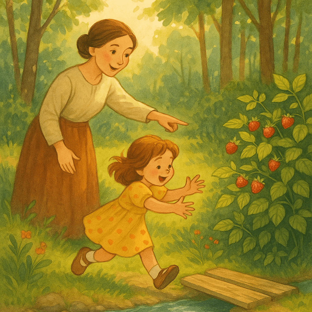 Аришка бросается к ягодам на опушке