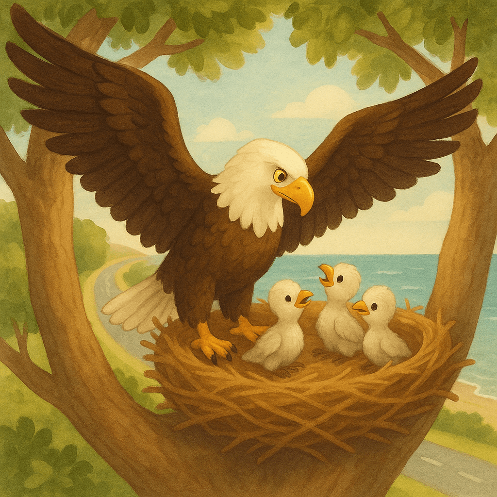Орел с орлятами в гнезде на большом дереве возле дороги и моря. Атмосфера добрая, стиль детской сказки, soft light. Обложка для сказки.