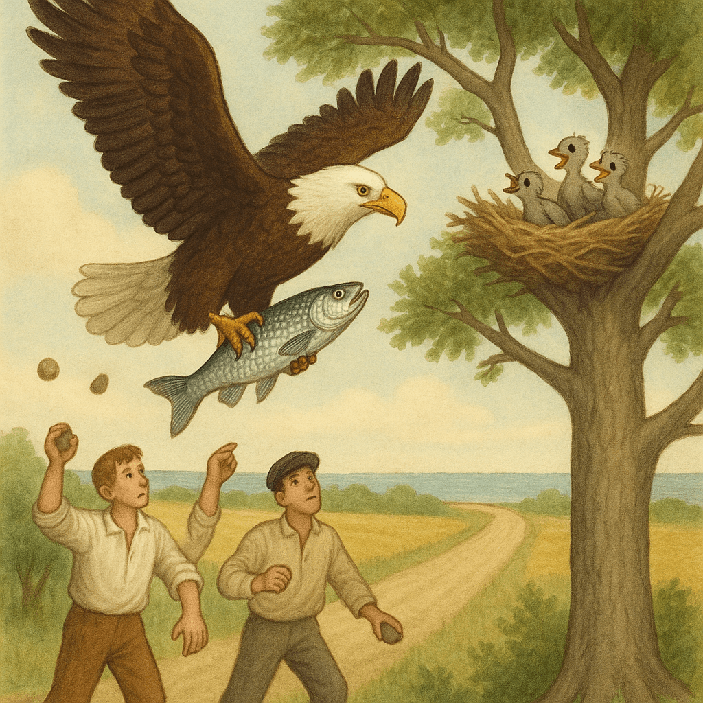 Орел с рыбой в когтях, люди бросают камни под деревом