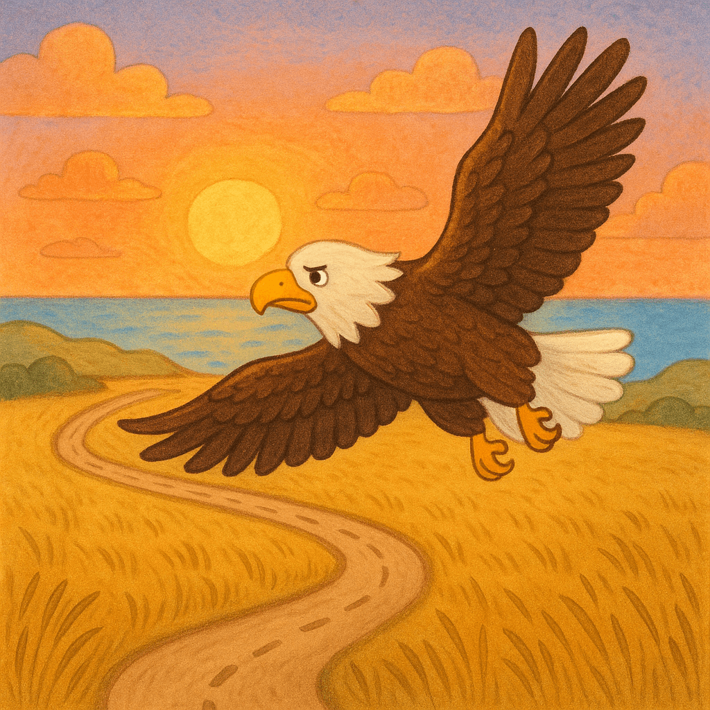 Орел тяжело летит к морю на закате