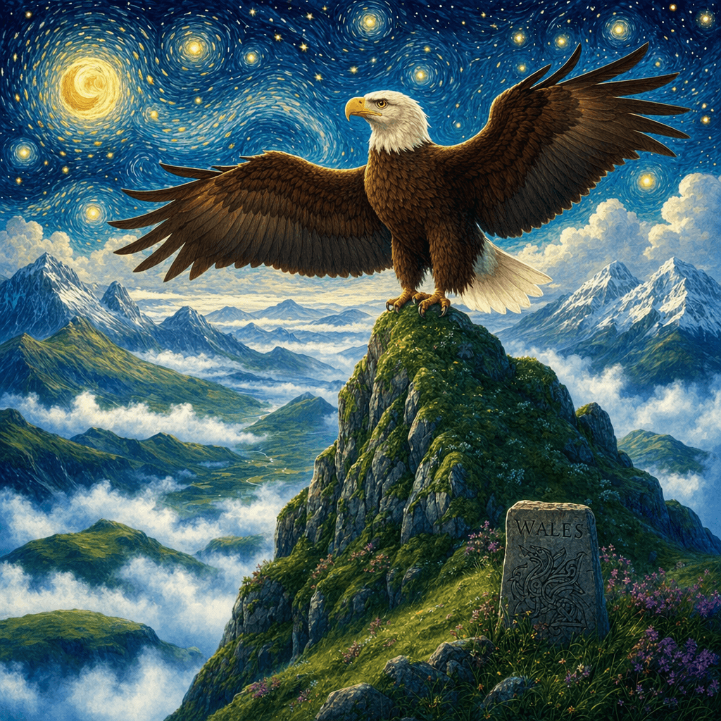 Орел Дэвид на вершине горы в Уэльсе