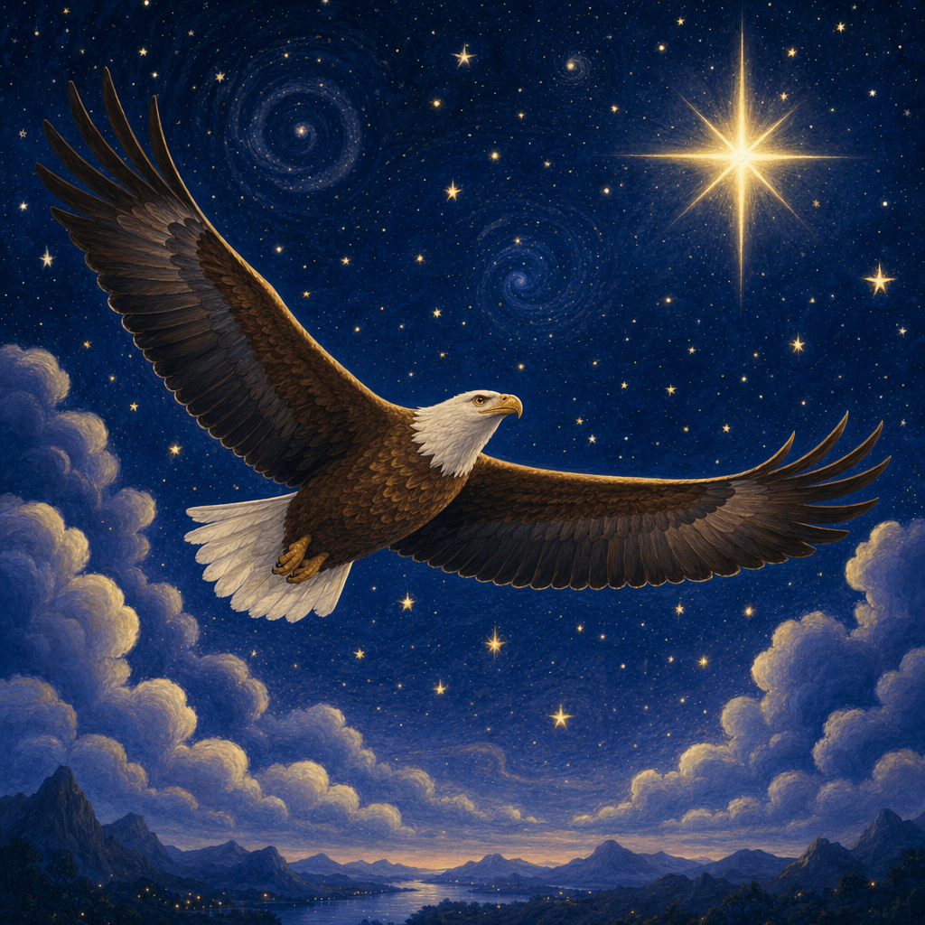 Орел летит к яркой звезде в ночном небе