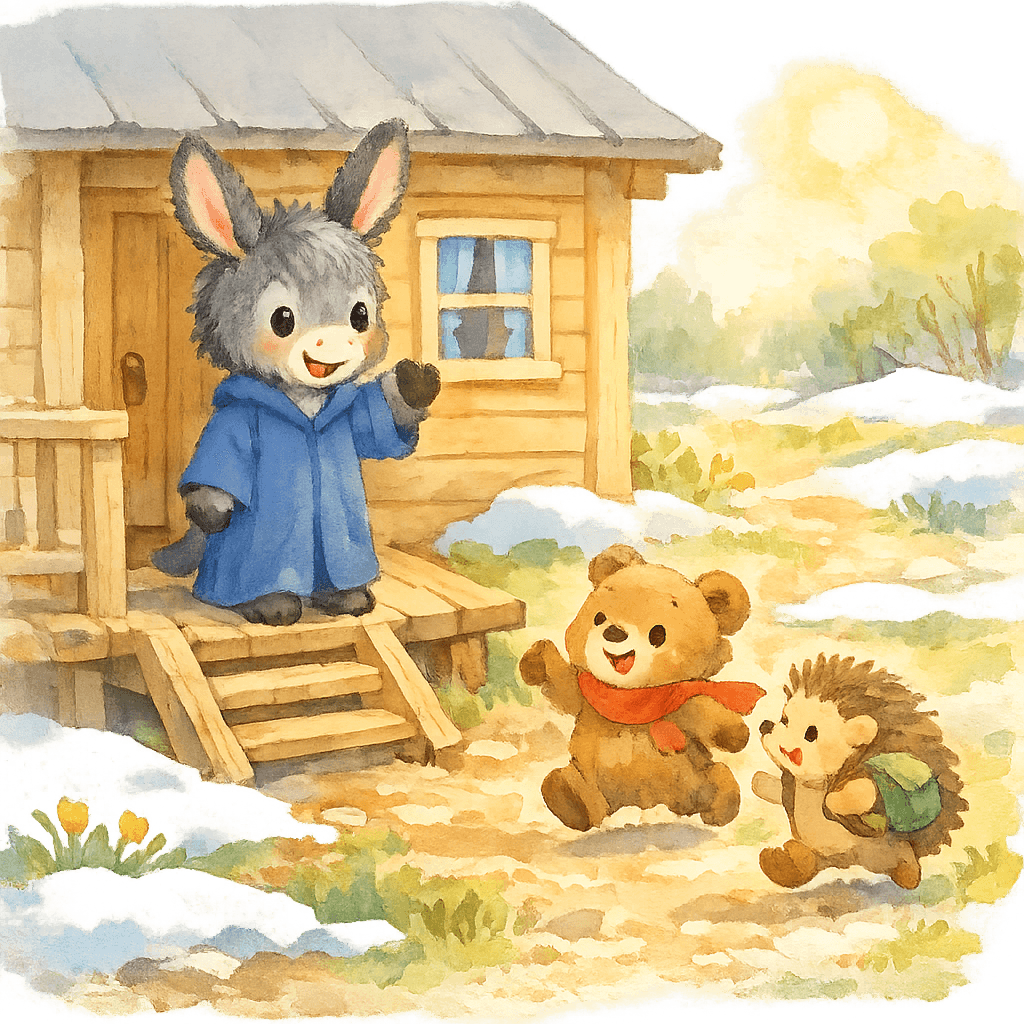 Ослик в синем халате выбегает на крыльцо домика встречать друзей