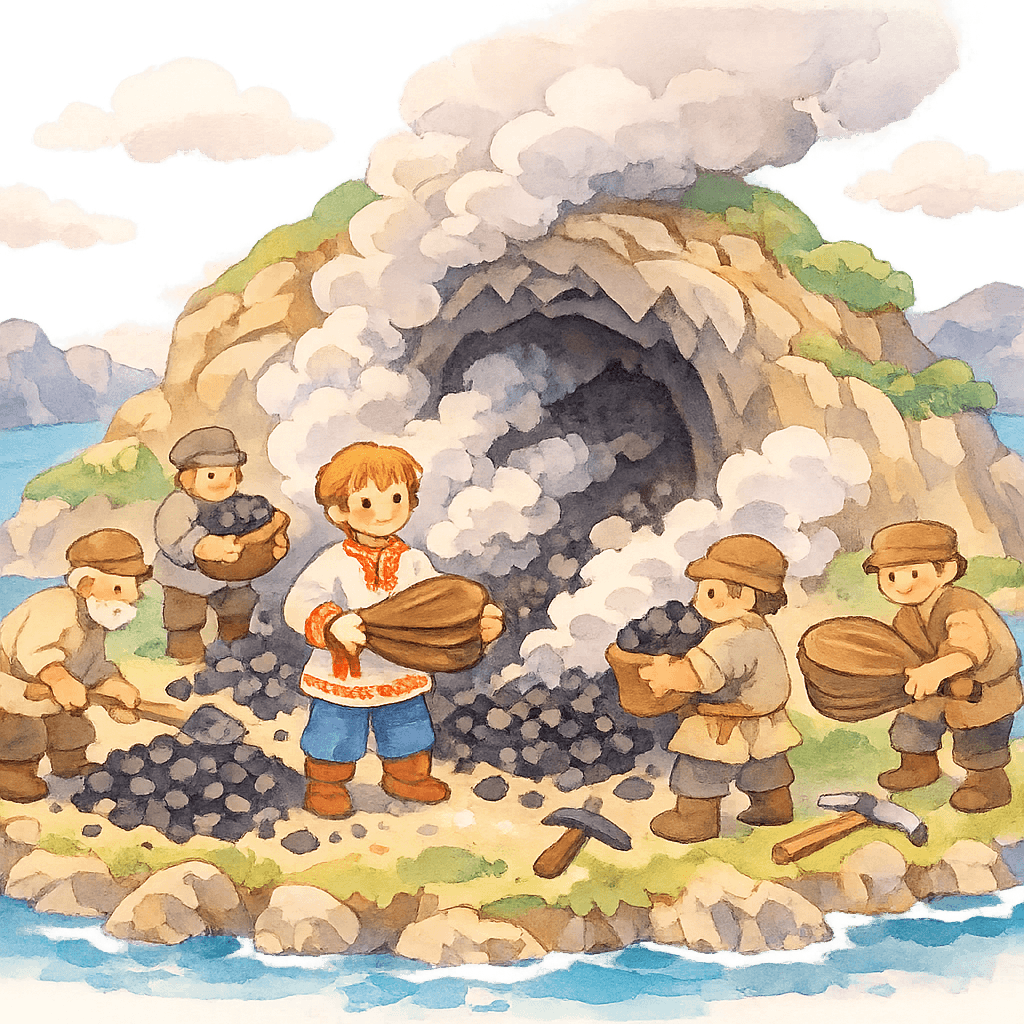 Иван и рабочие поджигают уголь возле логова змея.