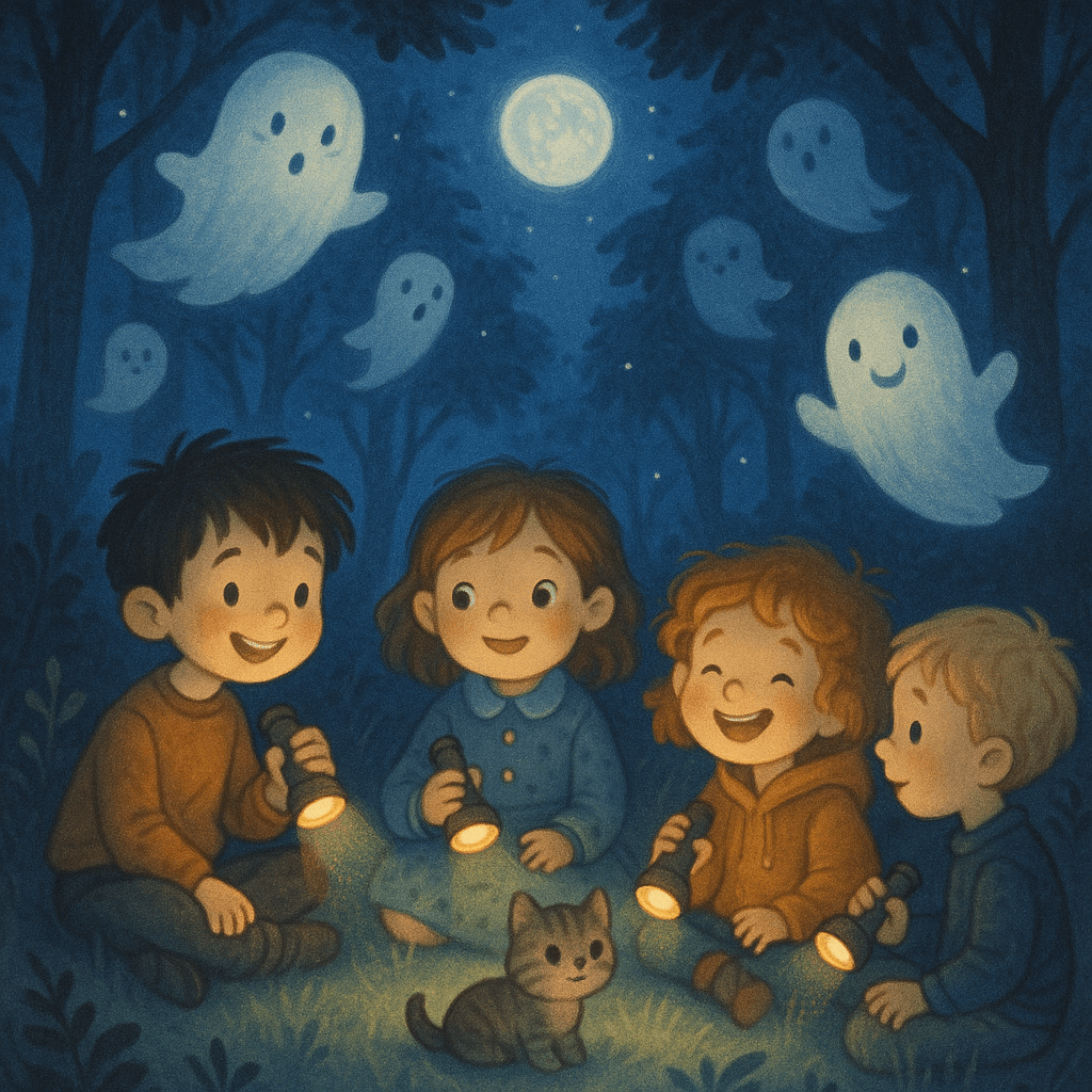 Освещенная луной поляна в ночном лесу, дети с фонариками рассказывают друг другу страшные, но добрые истории, вокруг забавные привидения и котенок, мягкий мистический детский стиль.