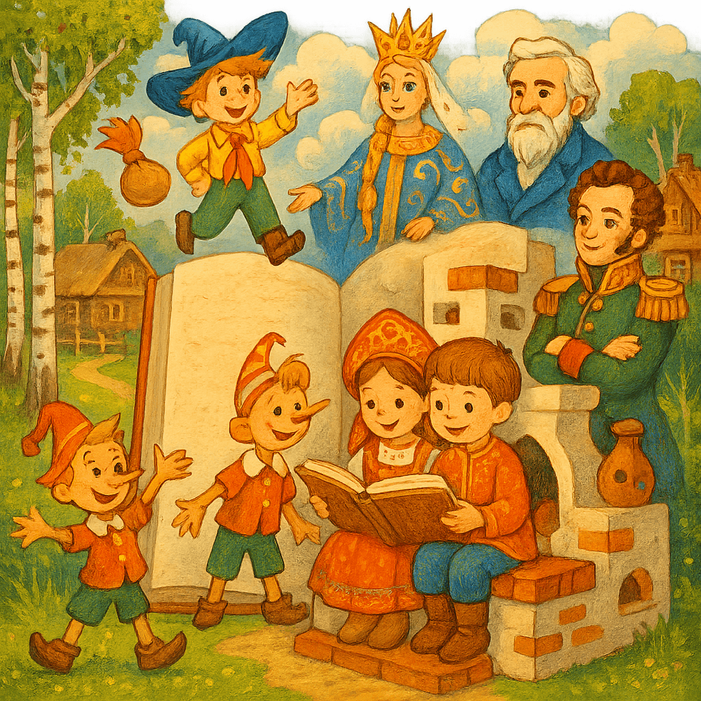 Открытая книга на фоне русских пейзажей, дети в народных костюмах читают сказки, вокруг герои русской литературы. Яркий, добрый детский стиль.