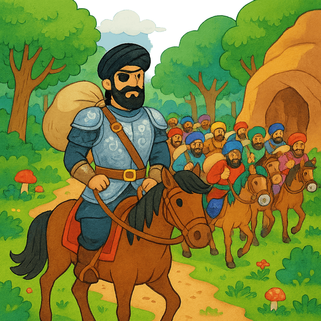 Али-Баба печально выносит тело Касима из пещеры на фоне мрачного леса.