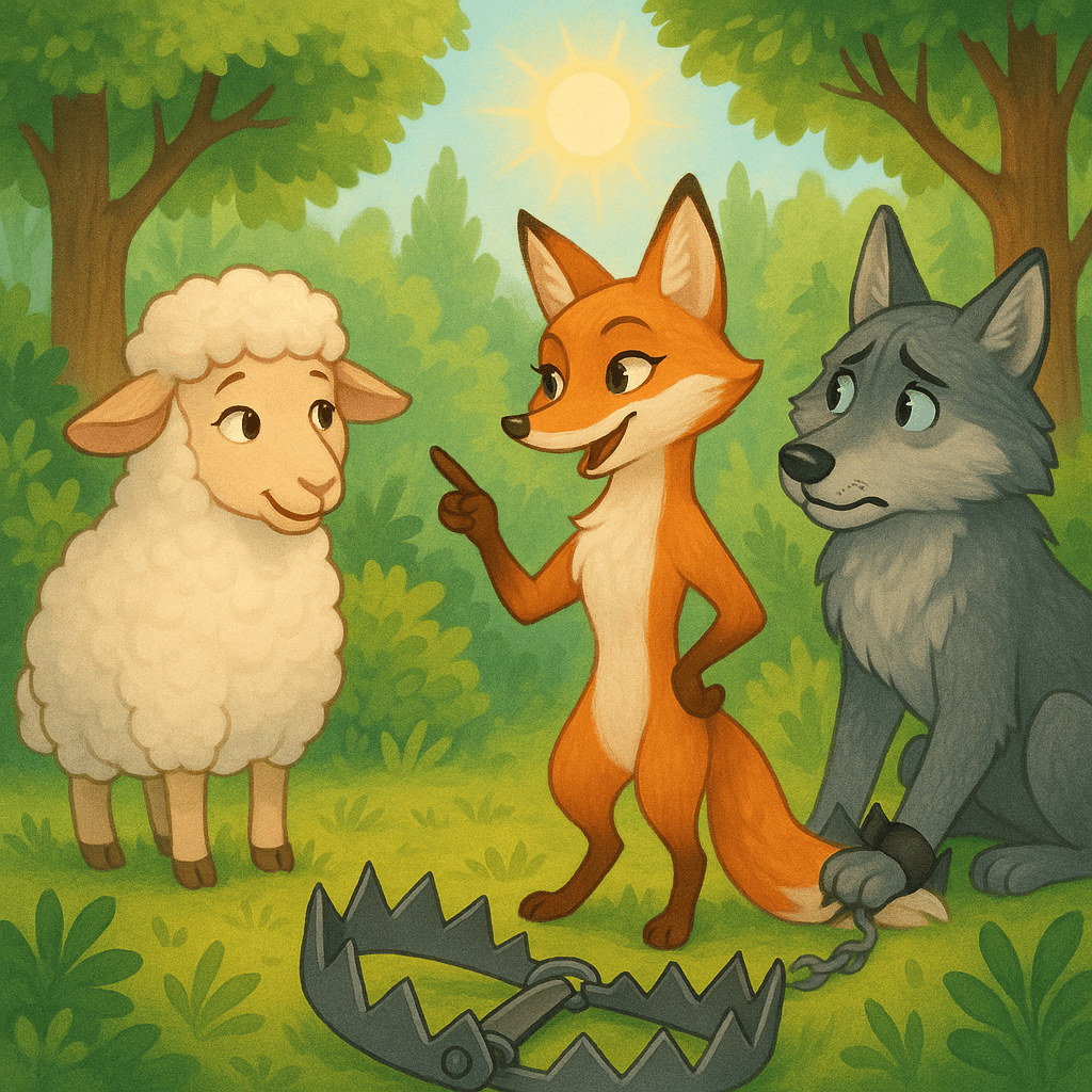 Волк пойман в капкан, а Лиса и Овца радуются