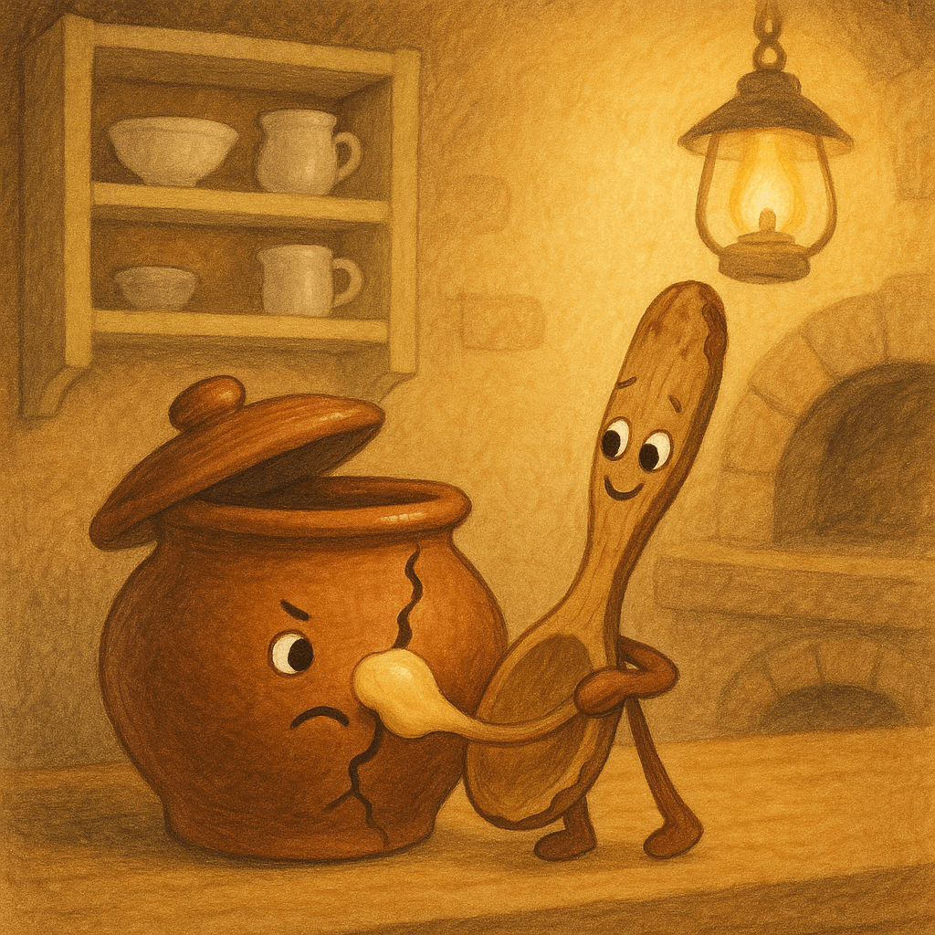 Грызенная ложка мажет трещину горшка тестом