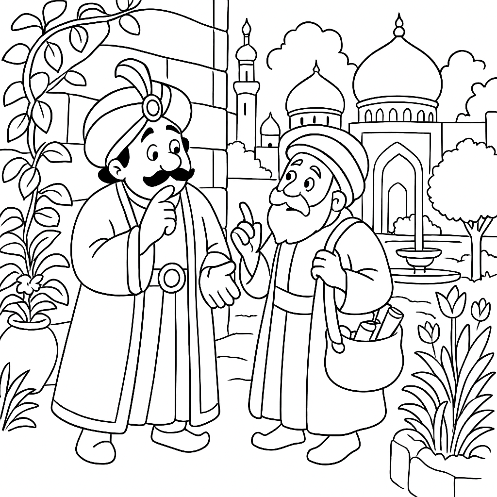 Раскраска по сказке "Падишах и садовник"