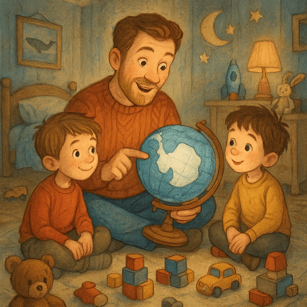 Папа рассказывает мальчикам про Антарктиду; все улыбаются.