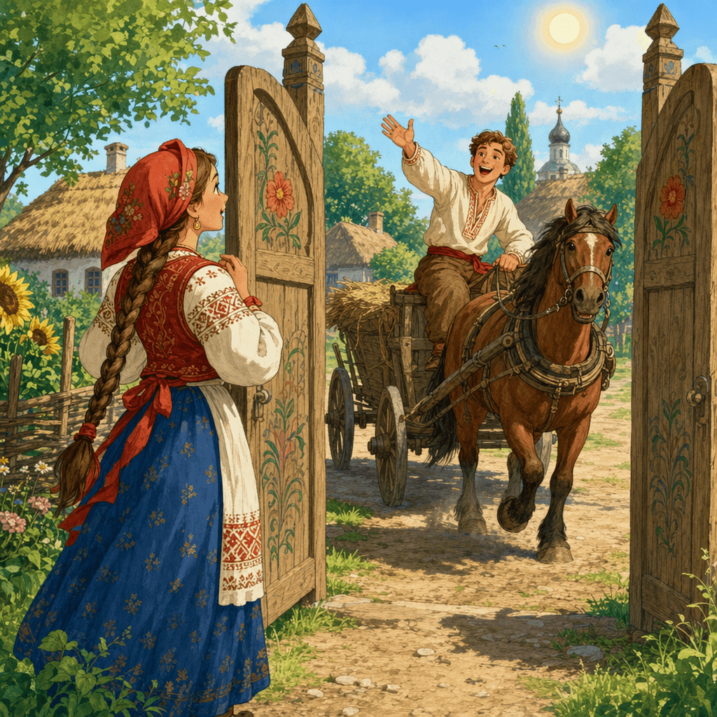 Параска встречает Иванку у ворот, он радостно ей что-то кричит