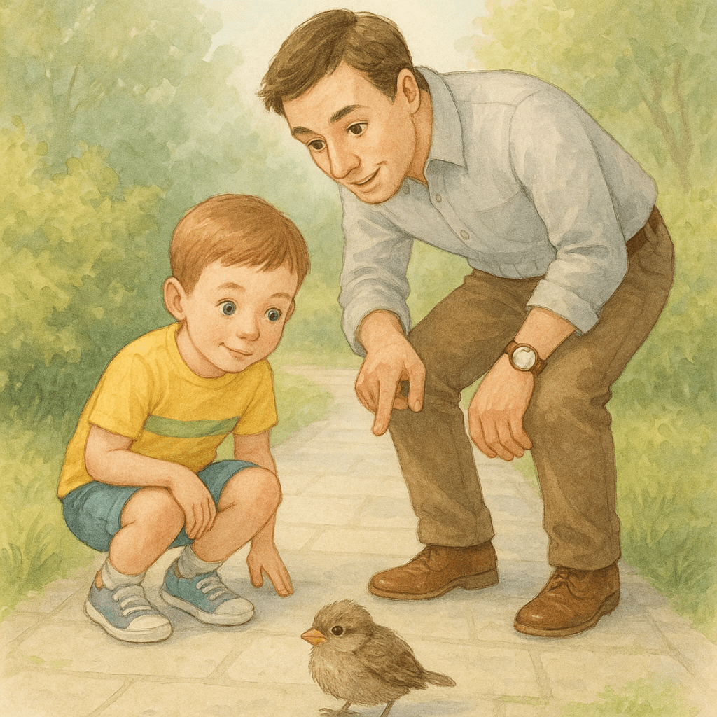 Никита и папа замечают нахохлившегося птенца воробья на дорожке.