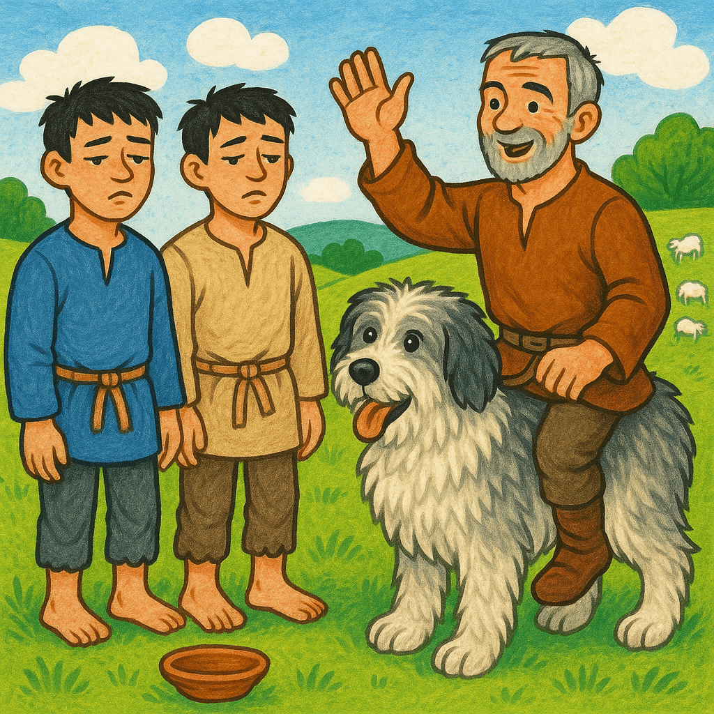 Пастух машет рукой двум молчащим братьям и его собака рядом