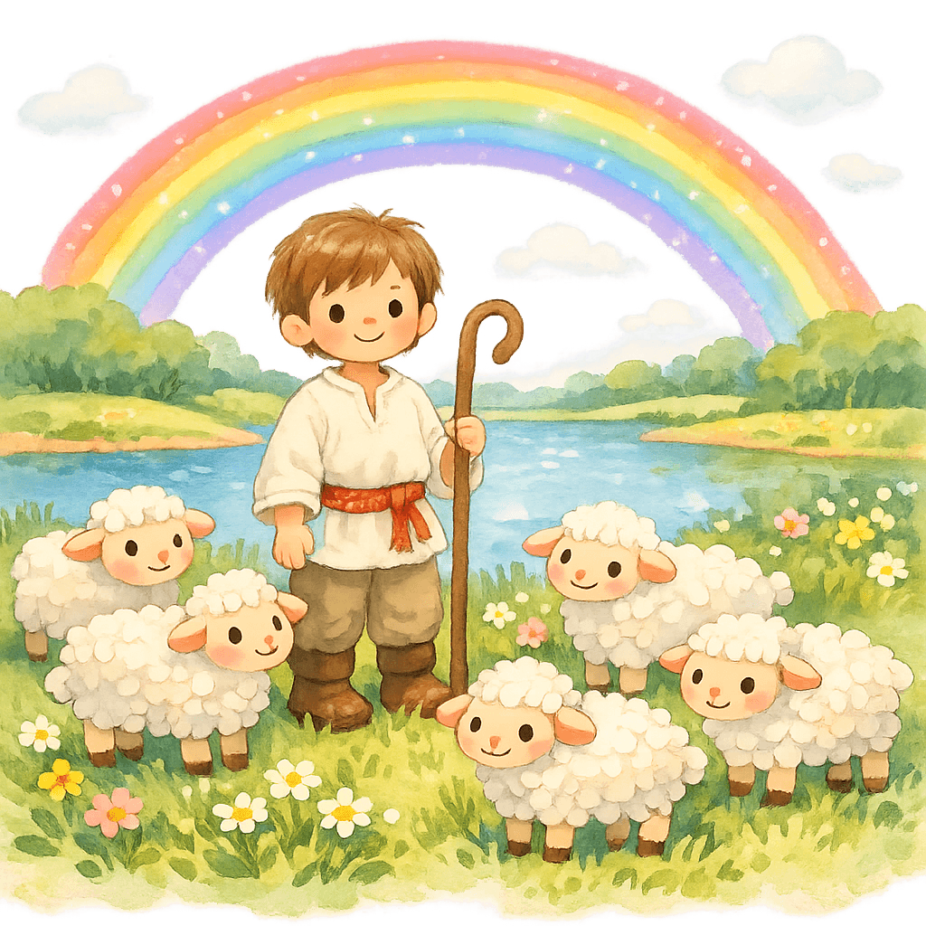 Пастушок с овечками у озера и радуга-дуга над ними