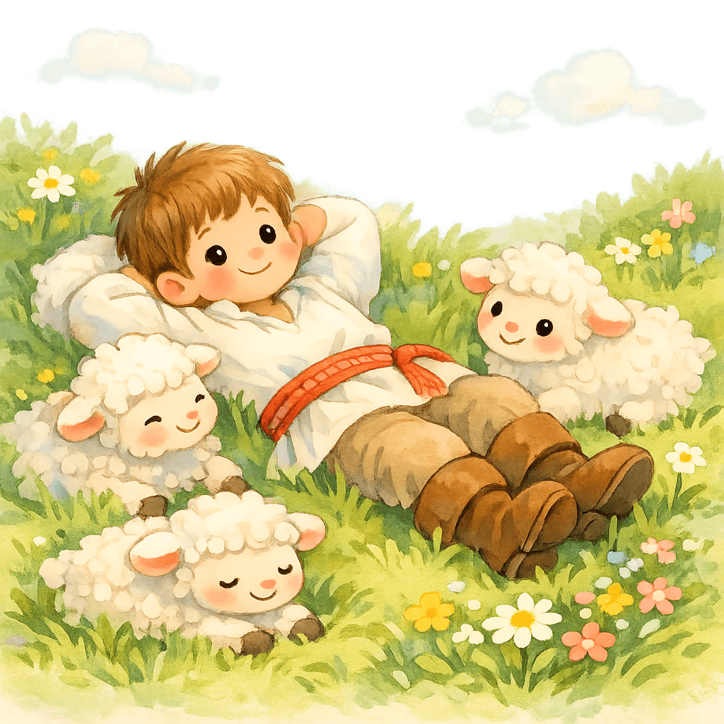 Пастушок лежит на лугу среди овечек и смотрит на небо