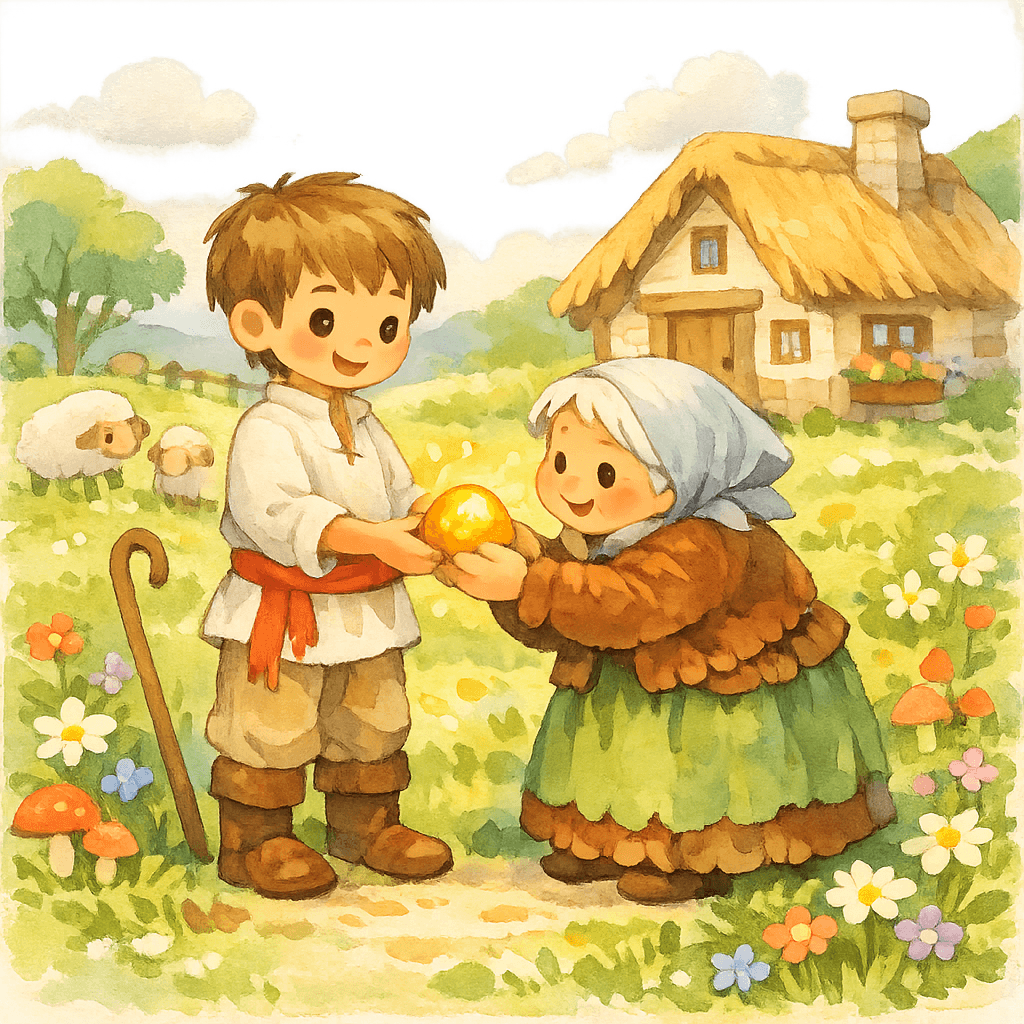 Старушка подарила пастушку золотое яйцо