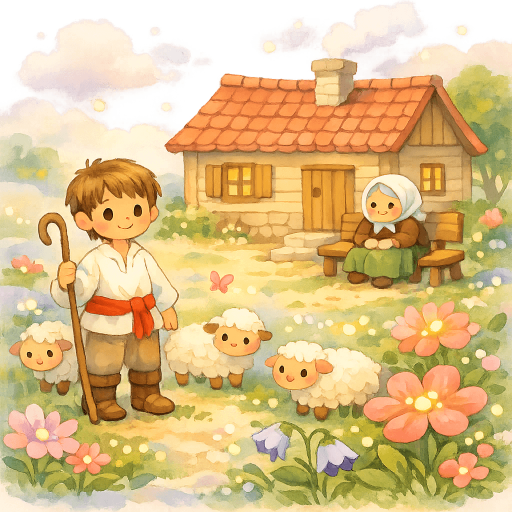 Пастушок на волшебном небе-лугу, рядом дом и старушка