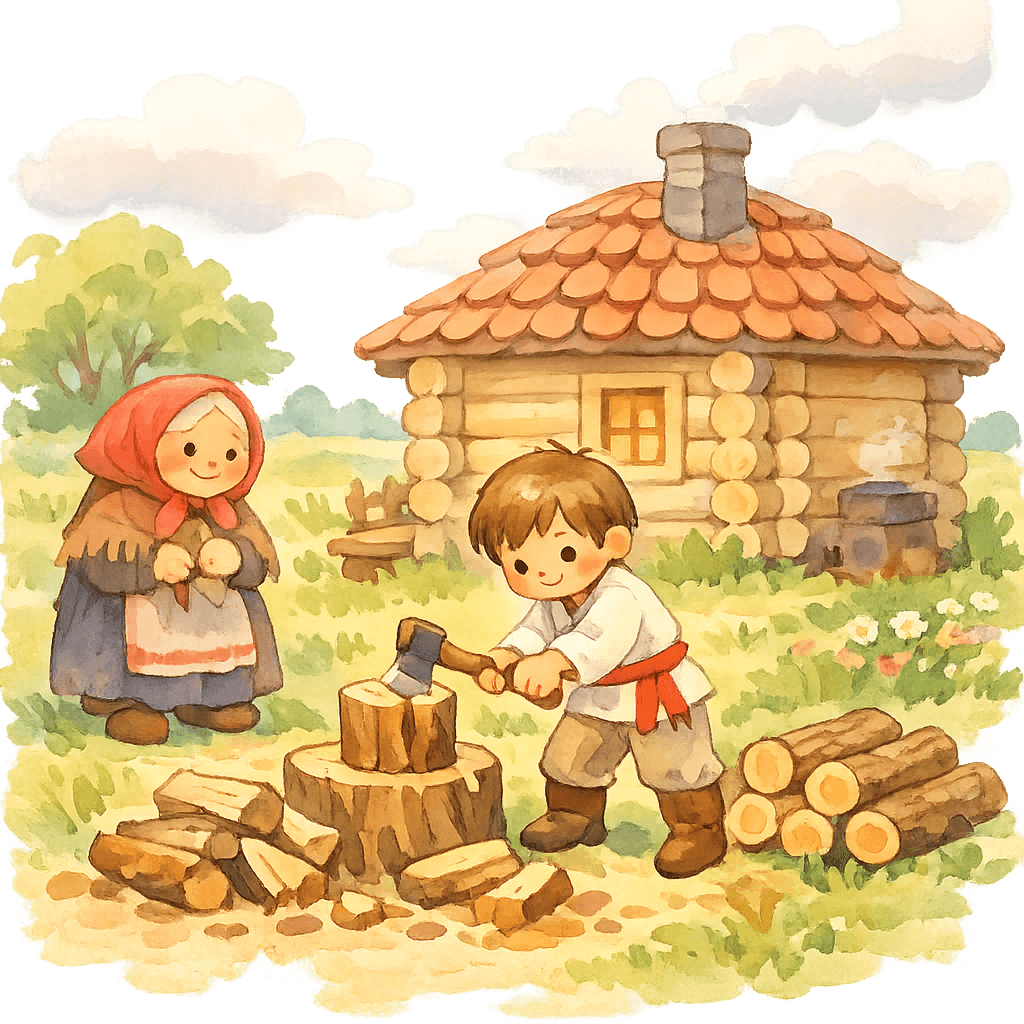 Пастушок колет яблоневые дрова у бани, старушка смотрит