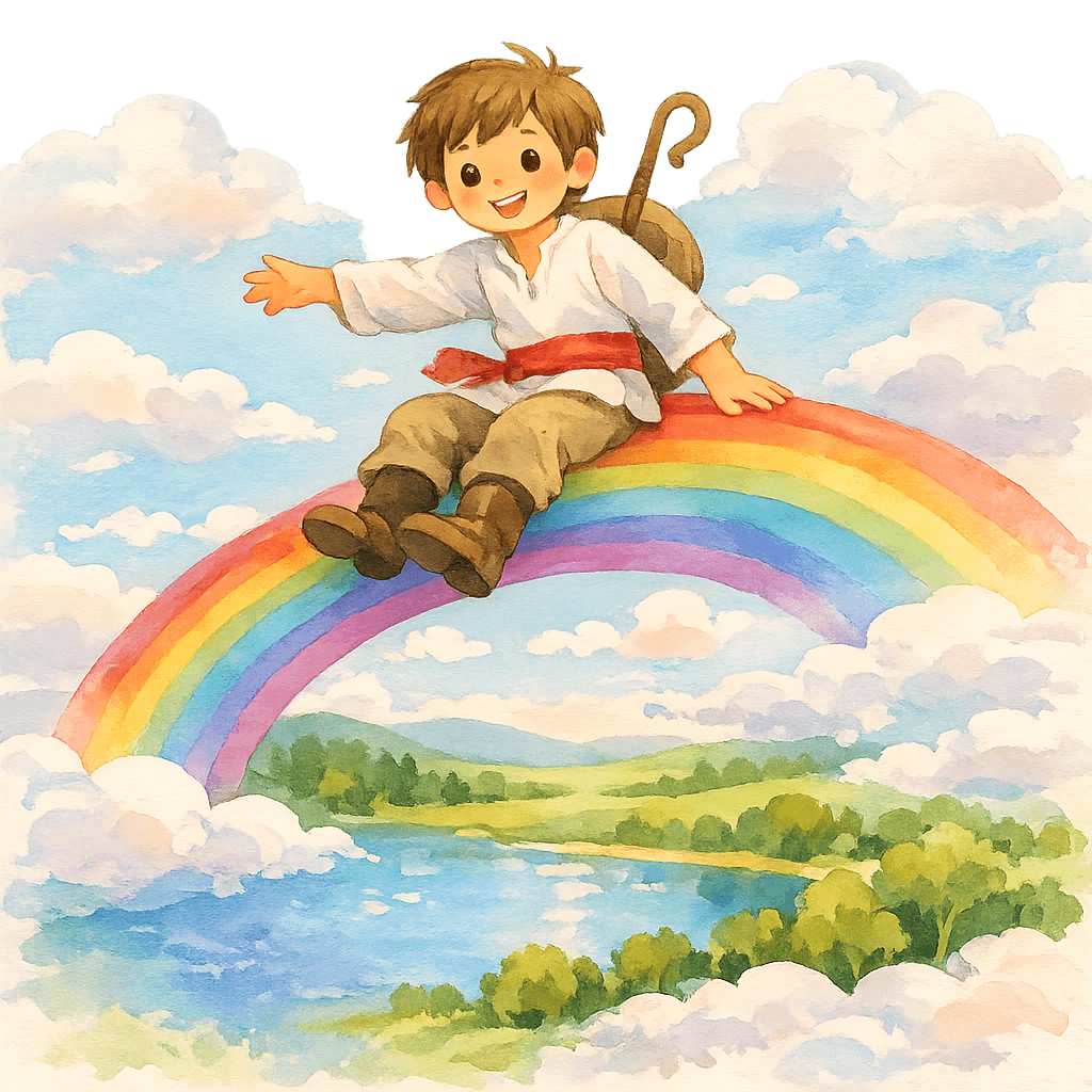 Пастушок летит на радуге по небу