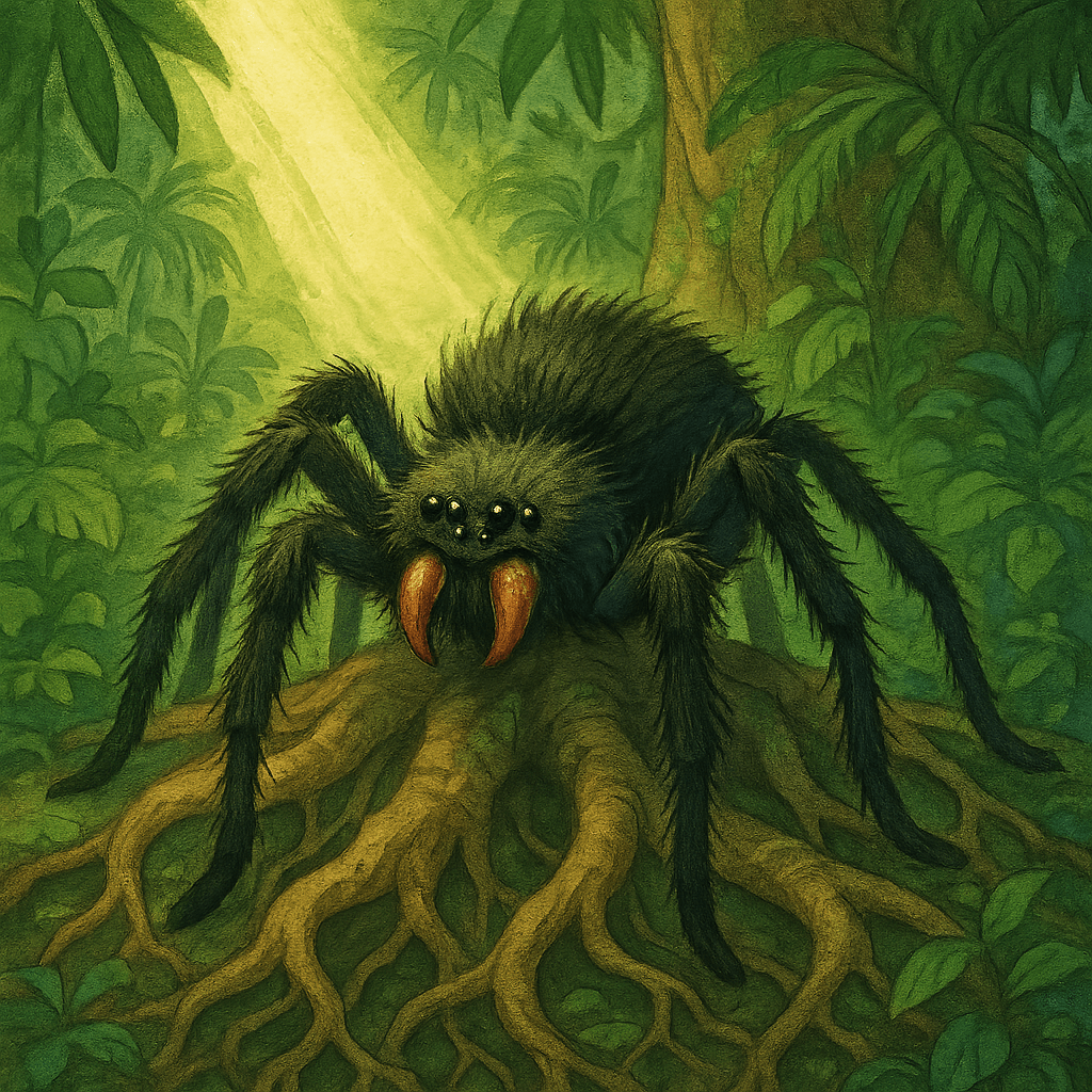 Паук-птицеед сидит на корнях дерева в густом тропическом лесу