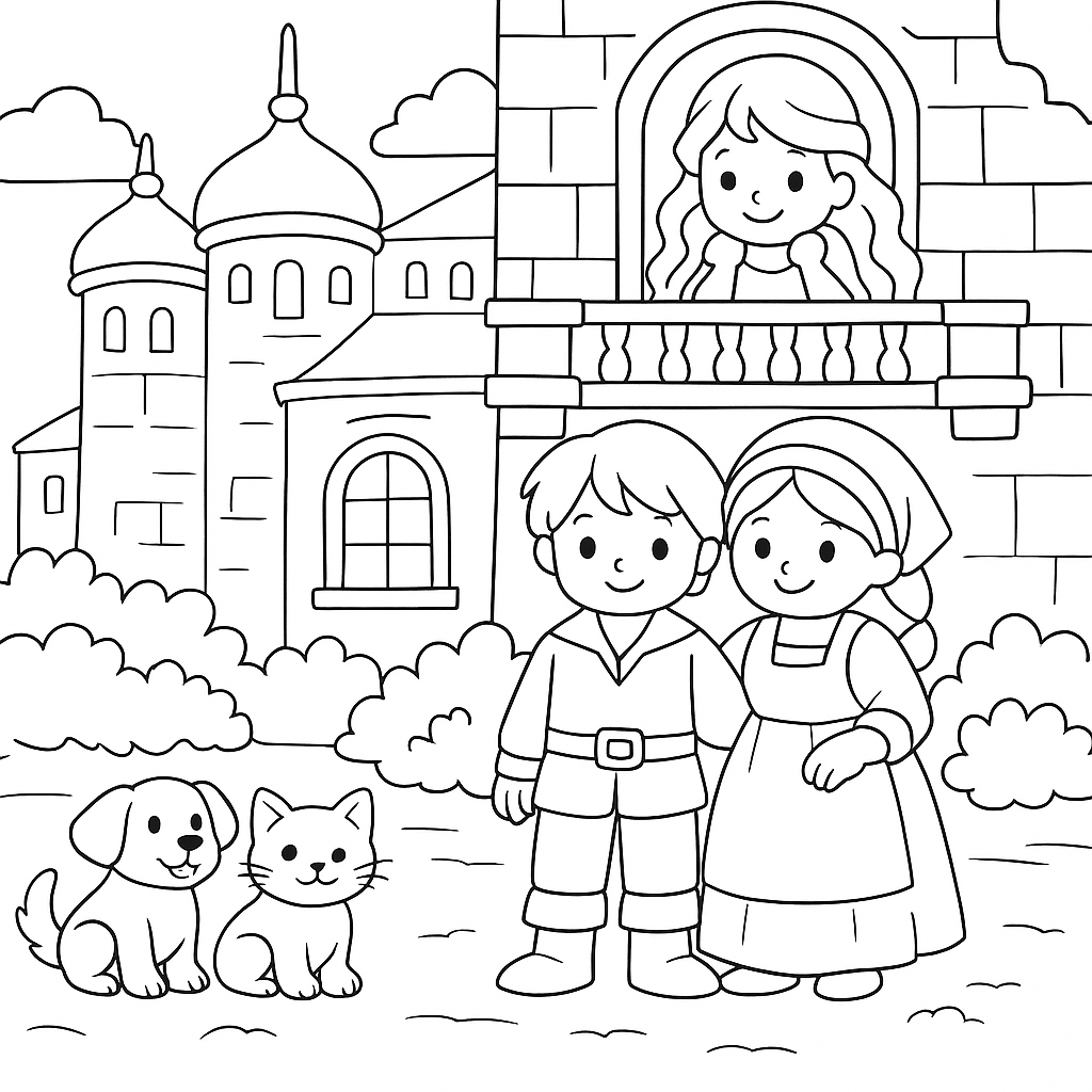 Раскраска по сказке "Змей, кошечка и пес"