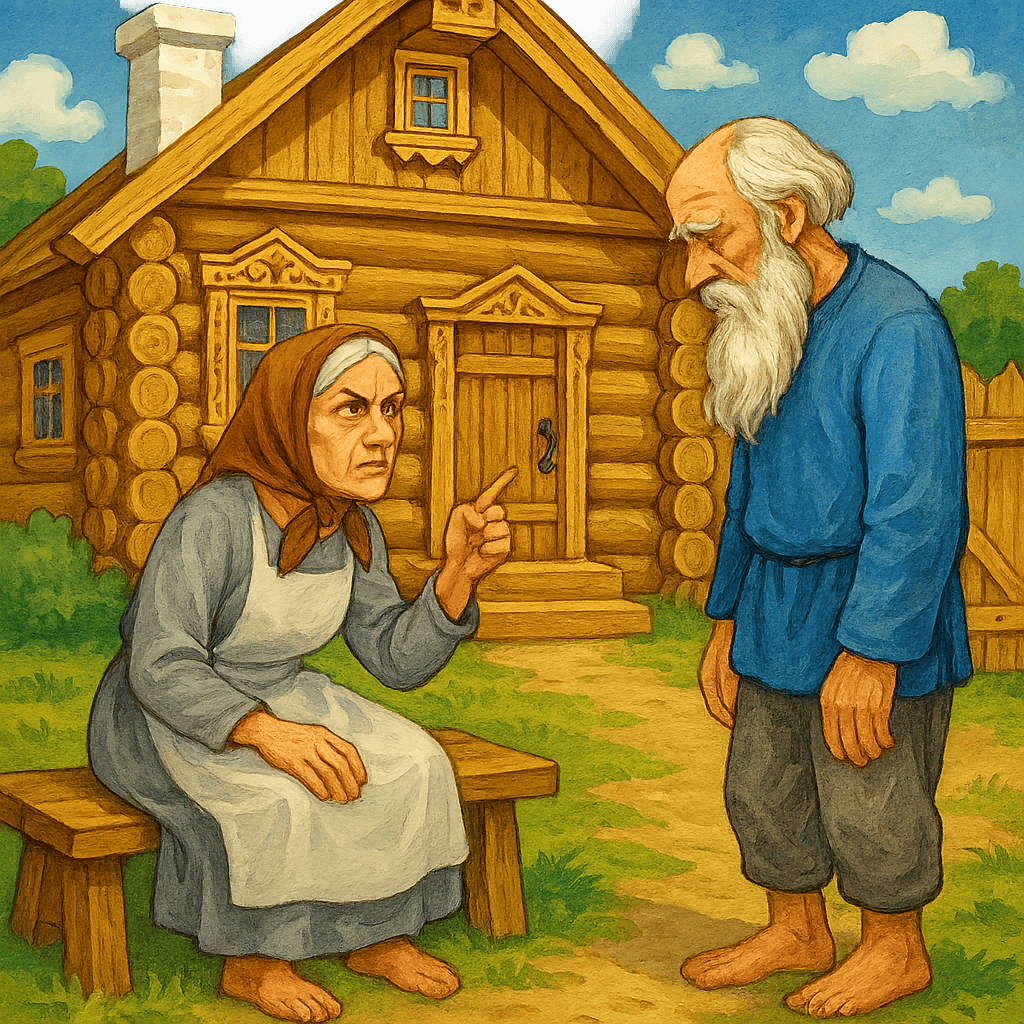 Старуха ругает старика у новой избы.