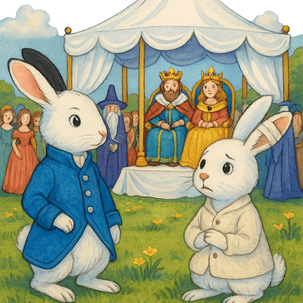 Два кролика, один с чёрным пятном — Кролик, второй с бинтом — Лорд Каломель, стоят на лугу, все наблюдают.
