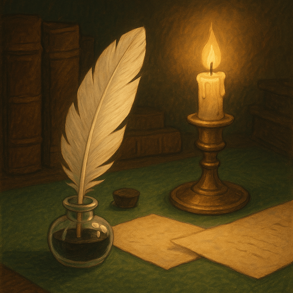 Перо и чернильница на старинном письменном столе поэта, освещённые мягким светом свечи. Волшебная атмосфера, стиль детской сказки: стеклянная чернильница (прозрачная, округлая, с черной жидкостью и пробкой), белое длинное гусиное перо, кожаные книги, пергаментные листы и бронзовый подсвечник. Фон — полумрак кабинета и зелёное сукно.