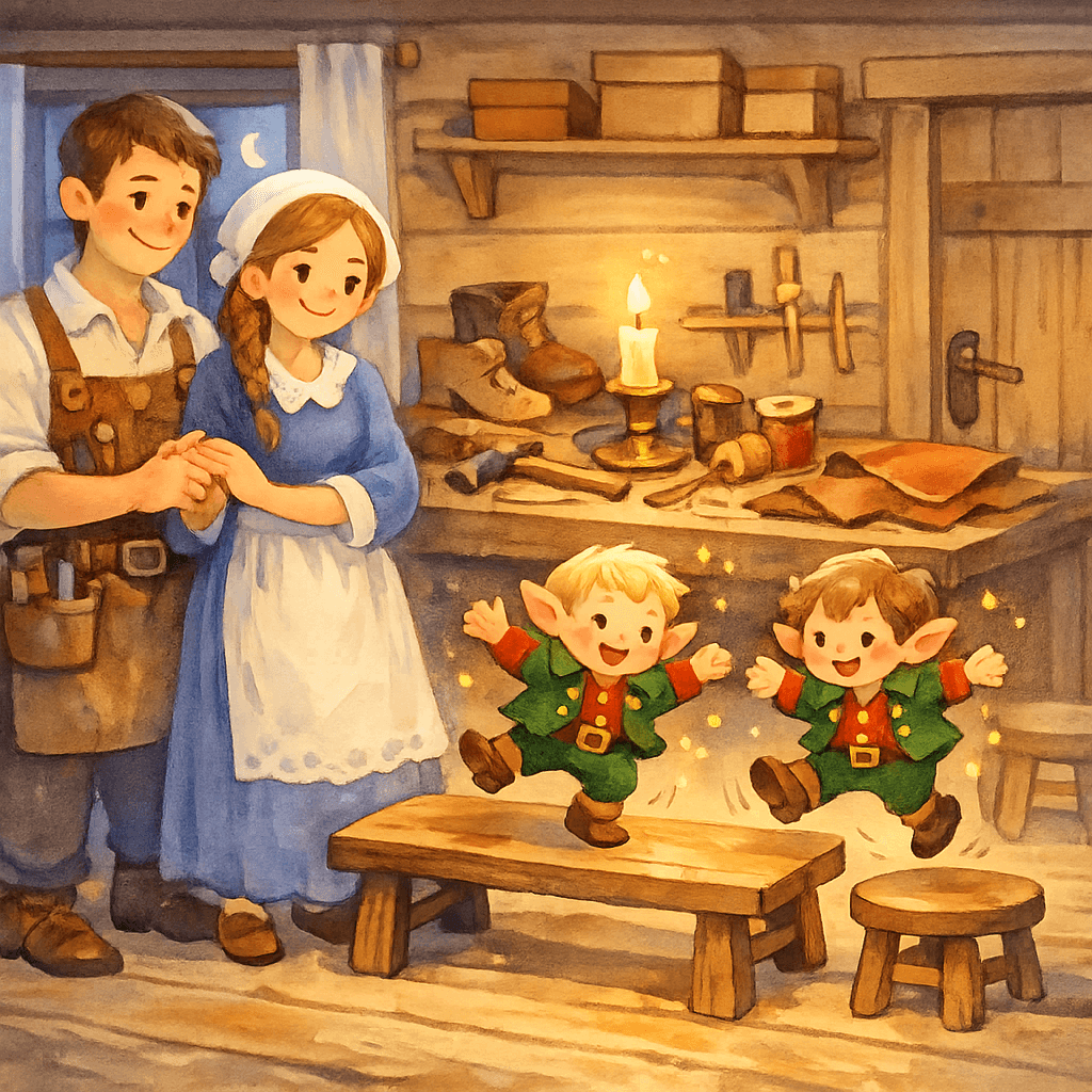 Сапожник, его жена и маленькие человечки в мастерской, где эльфы в новых костюмчиках радостно танцуют