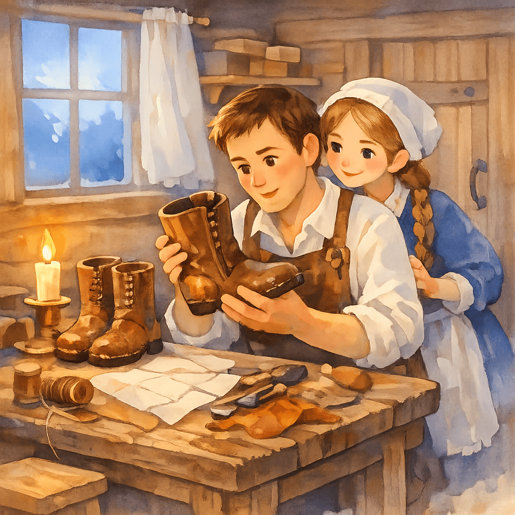 Сапожник поражённо рассматривает идеально сшитые сапоги на столе ранним утром