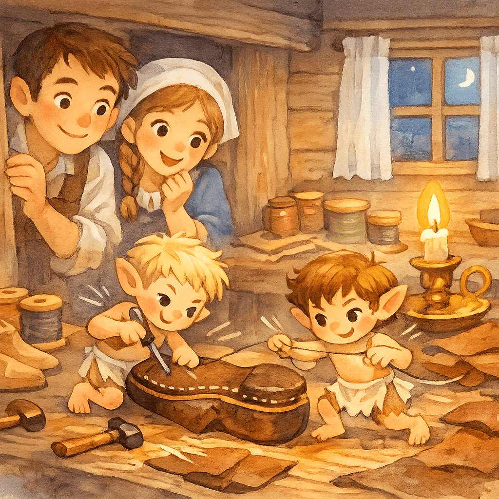 Маленькие человечки ловко шьют сапоги, быстро работая шилом и ниткой