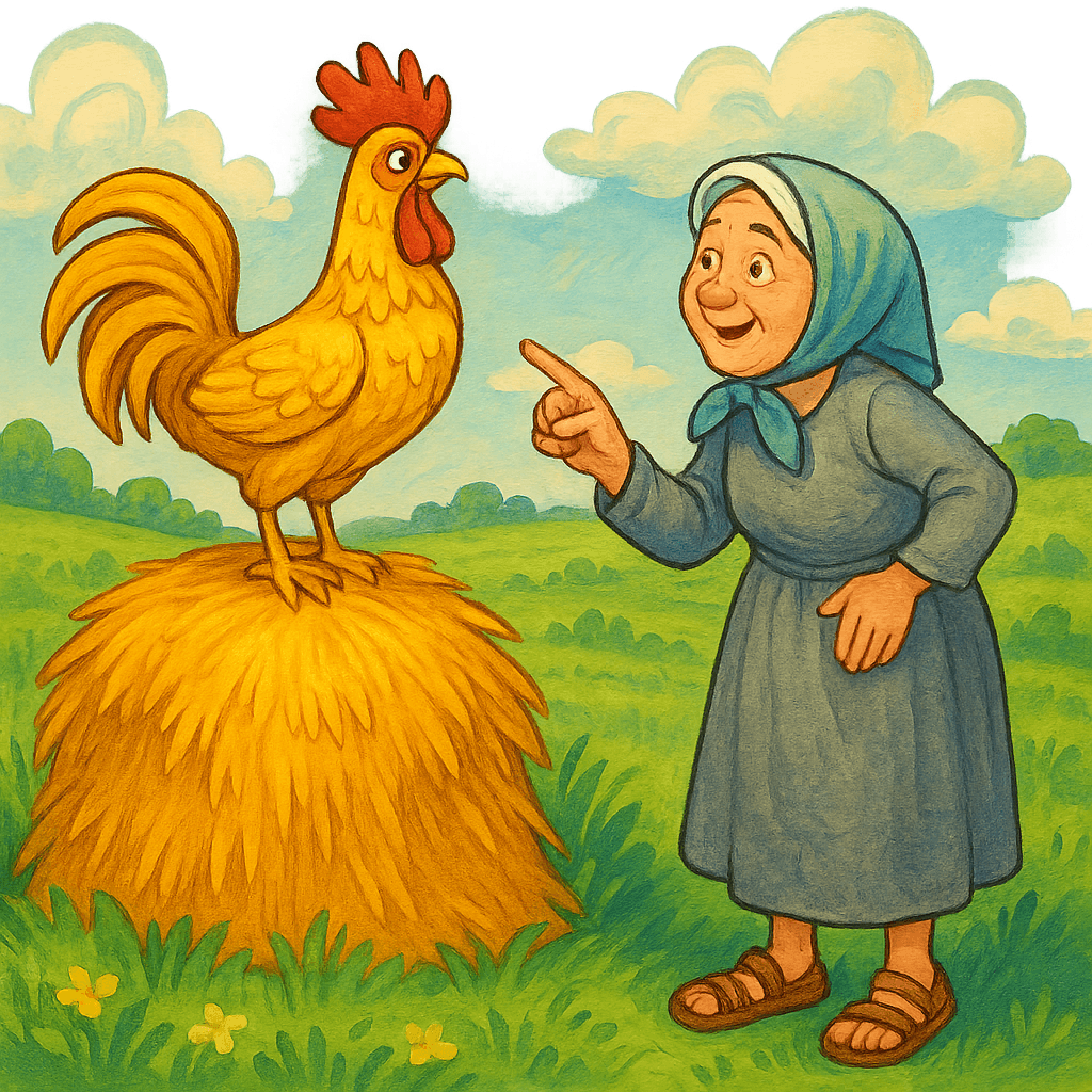 Петух на стоге сена и старуха.