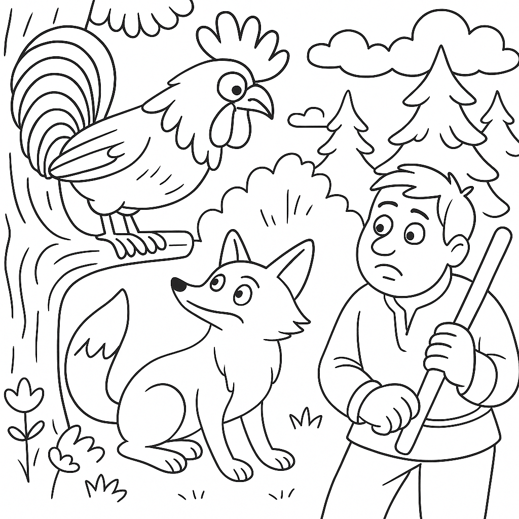 Раскраска по сказке "Как петух лису обманул"