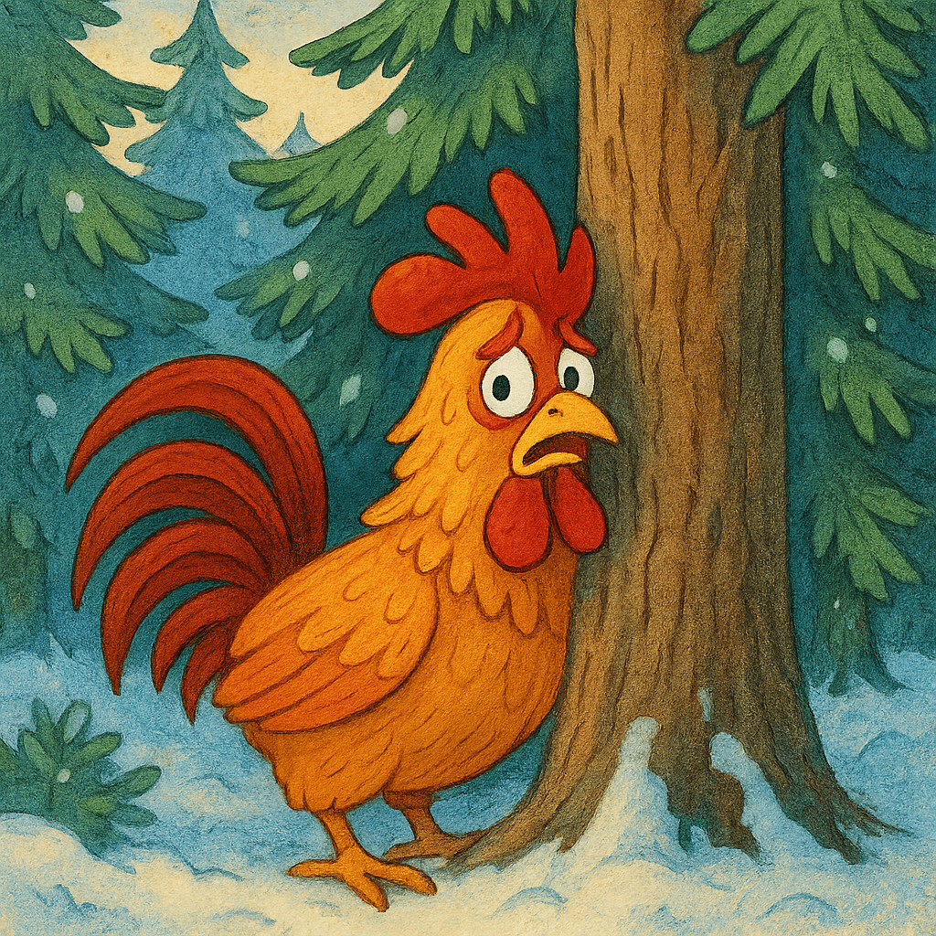 Петух прячется в лесу за деревом