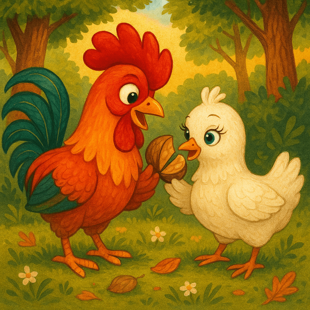 Петух и курочка делят найденный орешек на двоих на лесной поляне