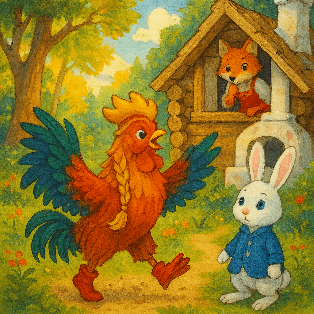 Петух топает и угрожающе машет косой у избенки, зайчик рядом, а лиса испугана