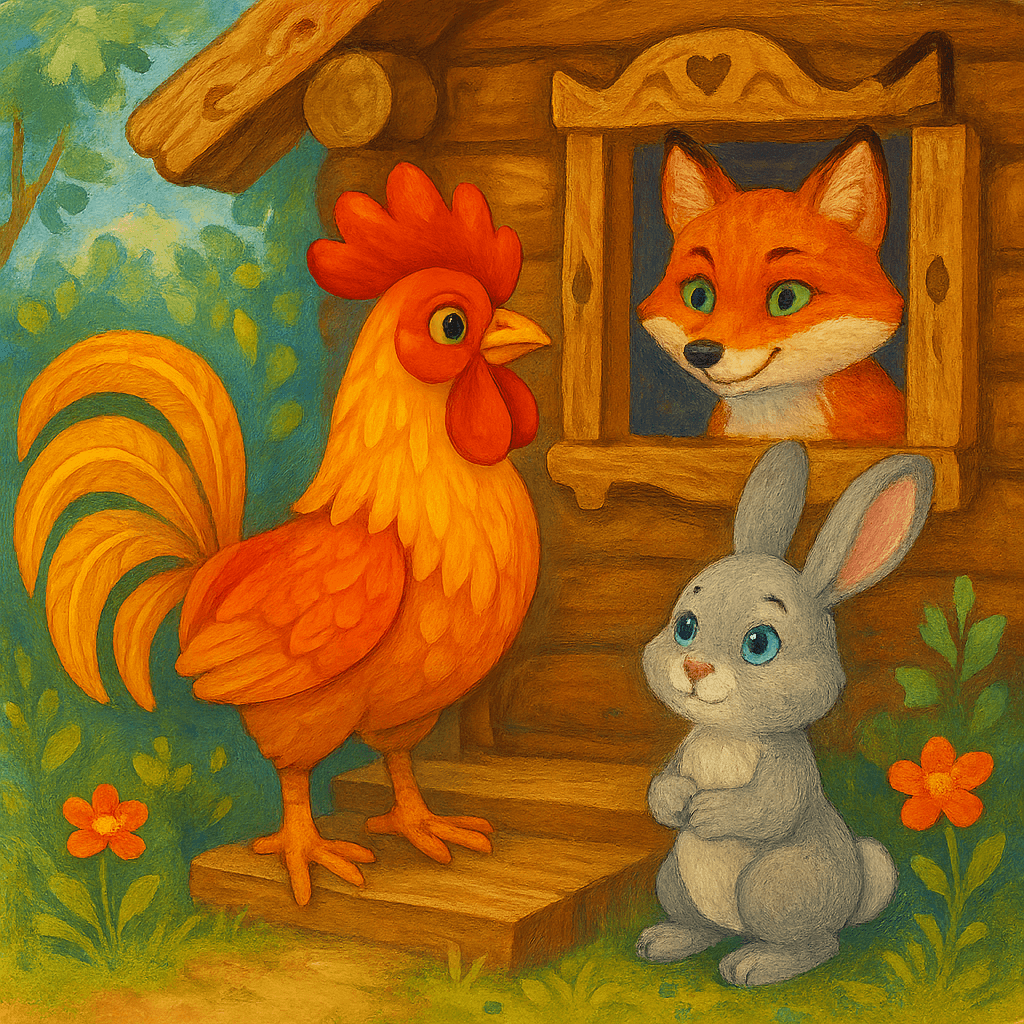 Петух грозится выгнать лису из избушки