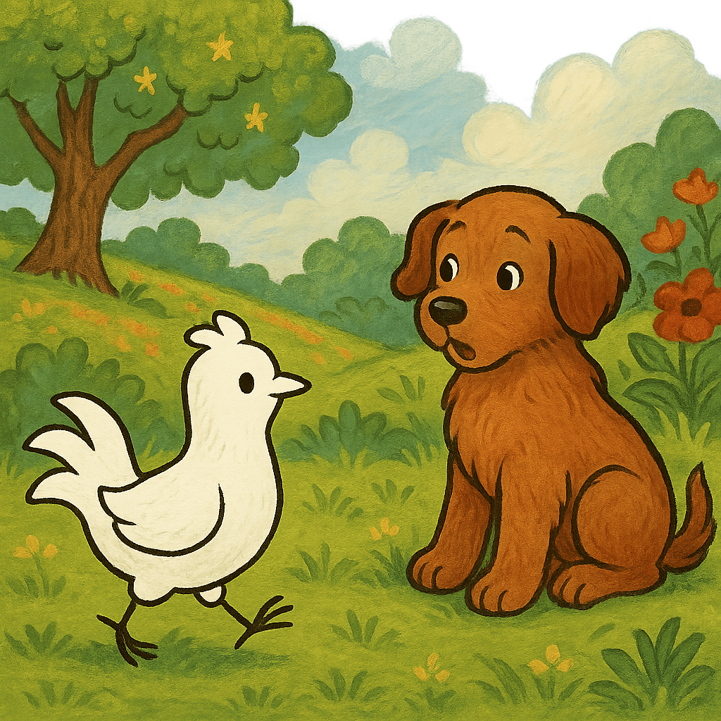 Белый нераскрашенный петух гуляет, собака удивляется