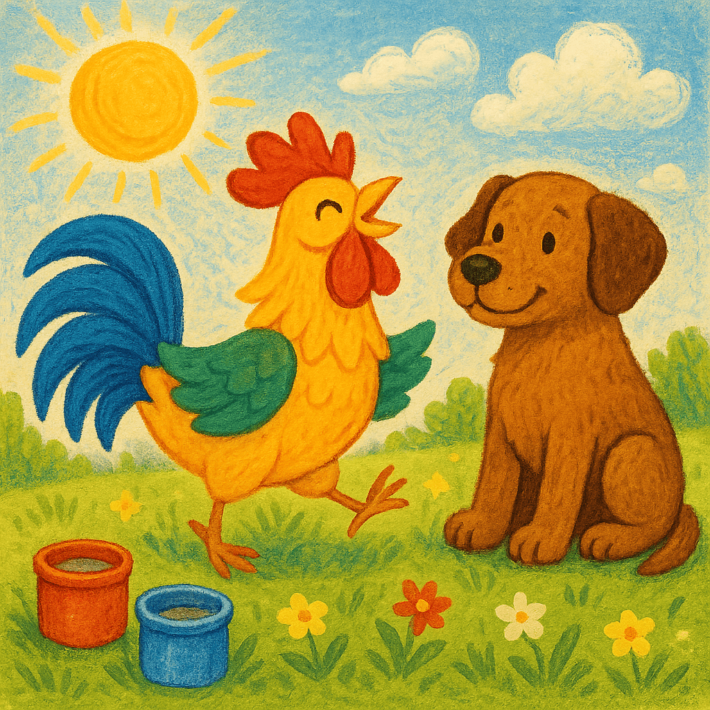 Яркий Петух с цветными перьями радуется на лужайке вместе с собакой