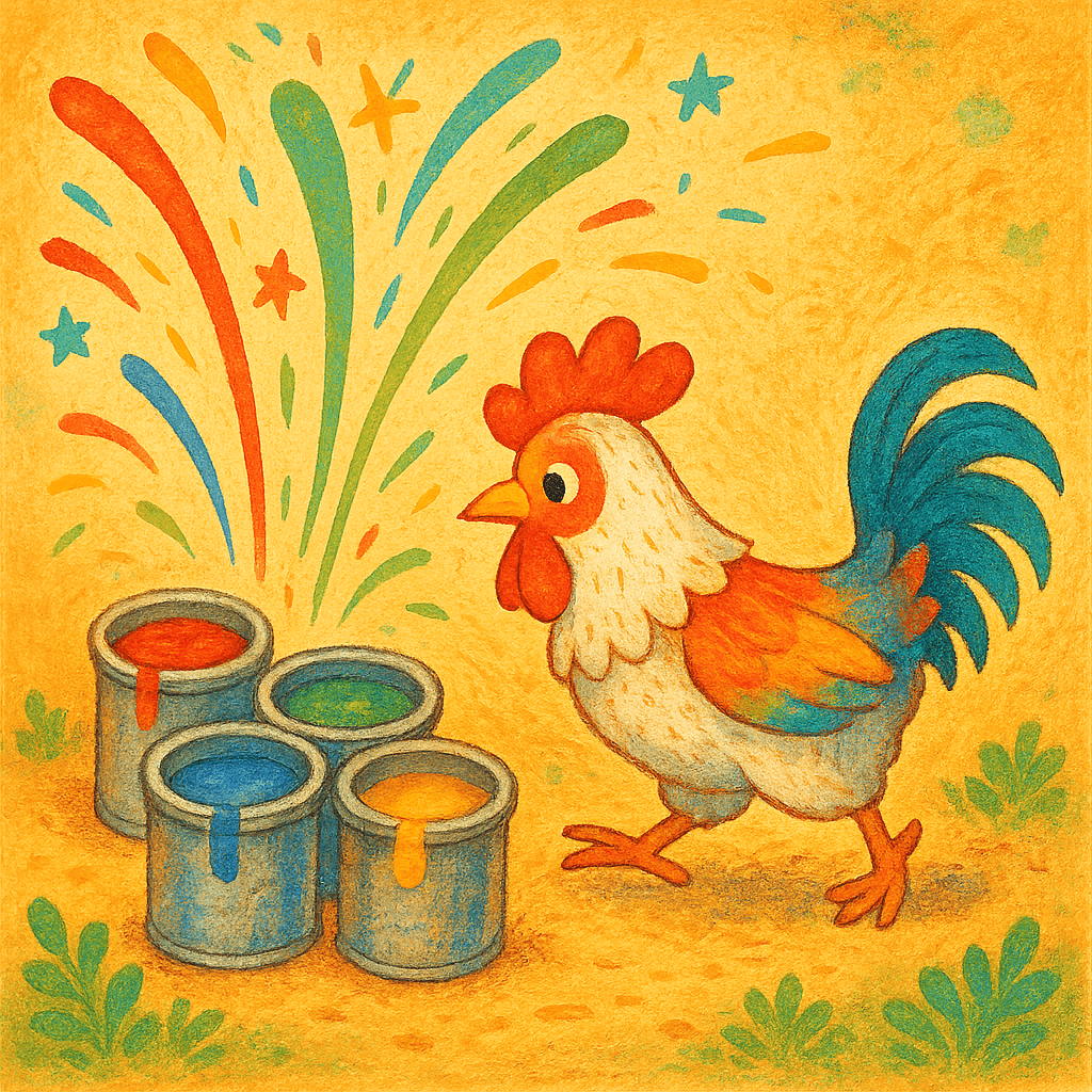 Петух подошёл к банкам с красками