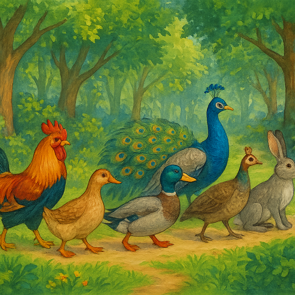 Петух, курица, утка, селезень, павлин, пава и заяц идут по лесной тропе